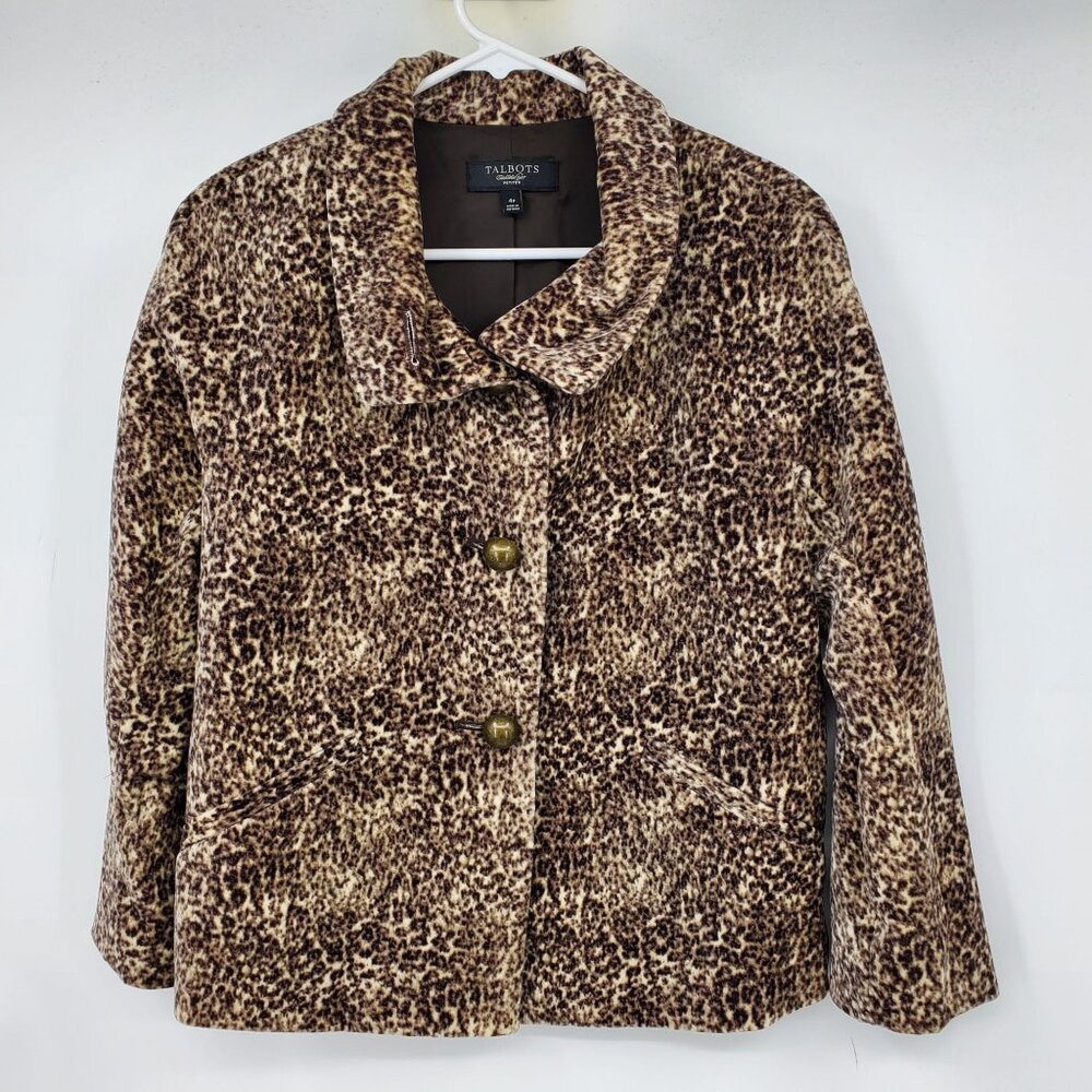 Talbots Leopard Animal Print Chunky Button Collared Dress Coat Jacket 4 Petite